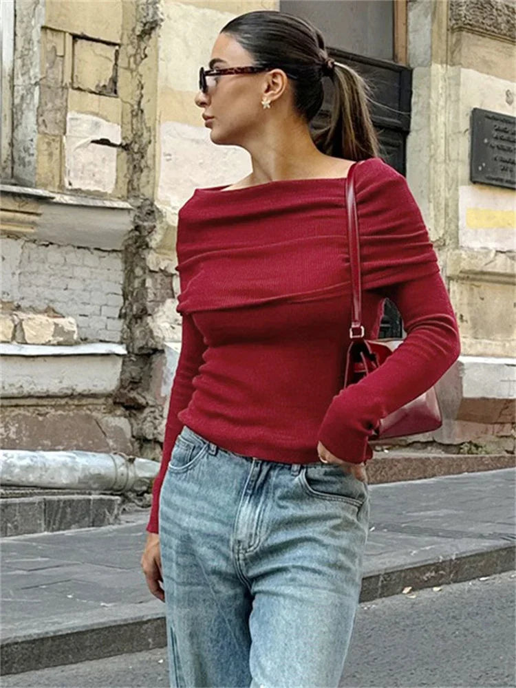 Knit Sweater Pullover Top For Women Fashion Off-Shoulder Slim Casual High Waist Cropped T-shirt Female Knitwear Pullover