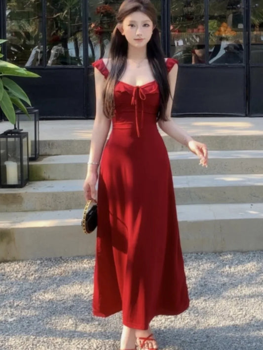 Spaghetti Strap Knitted Dresses for Women Lace-up Slim Solid Square Collar Elegant Sexy Korean Fashion Vestidos Mujer New