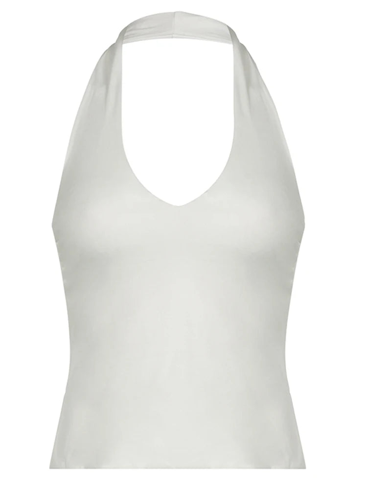 Backless Split Slim Halter Tops For Women Sleeveless V Neck Sexy Rave Vest Solid Basic Casual Summer Tank Tees