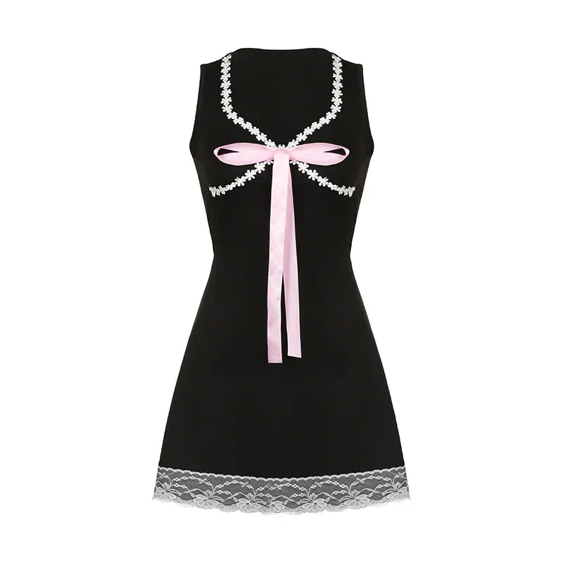 Voguable  Coquette Floral Lace Patchwork A-line Mini Dress Princess Square Collar Bow Decorate Sundress for Holiday Party Y2K