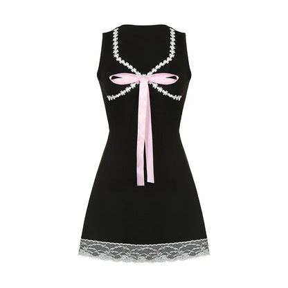 Voguable  Coquette Floral Lace Patchwork A-line Mini Dress Princess Square Collar Bow Decorate Sundress for Holiday Party Y2K