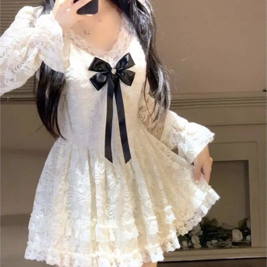 Elegant Lace Mini Dresses Women V-neck Long Sleeve Ruffles A-line Autumn New Sweet Korean Fashion Party Dress Female Vestidos