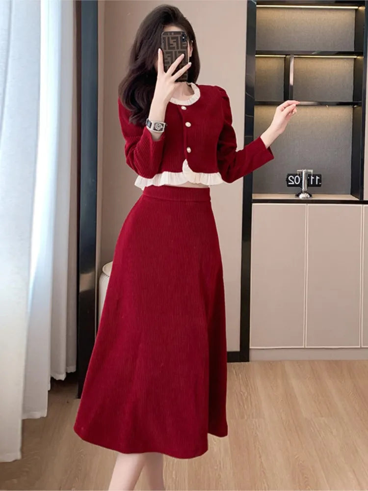 Autumn Winter Corduroy Two-piece Skirt Set Women Long Sleeve Ruffles O-neck Top Solid Midi Skirt Korean Fashion Outfits New
