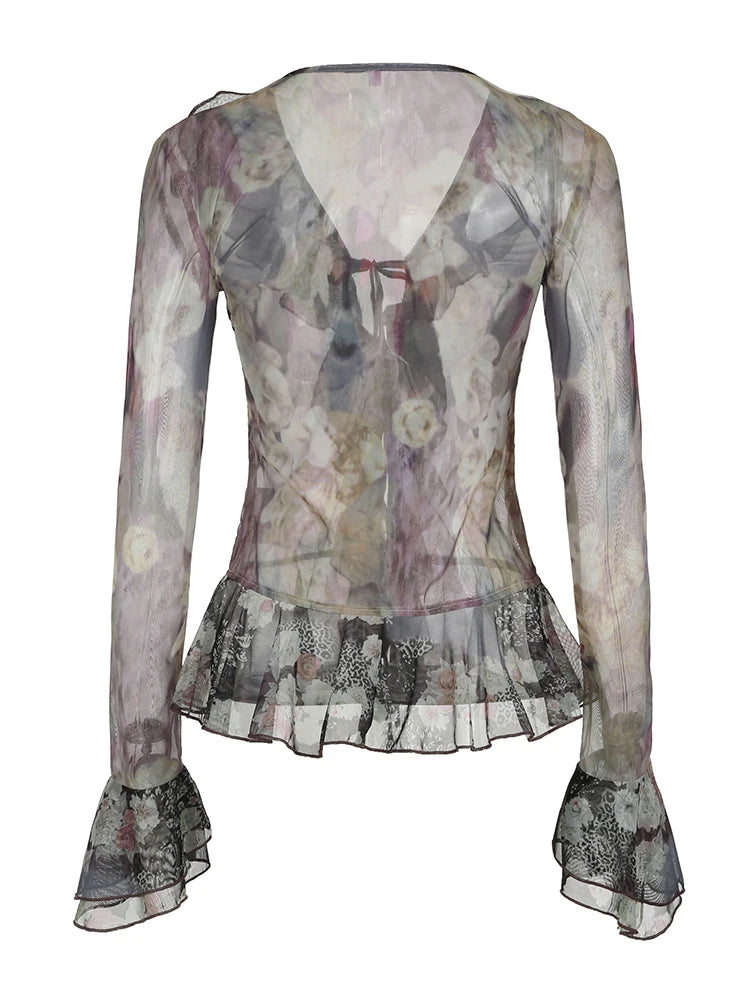 Vintage Floral Print Ruffles Mesh Shirts Women See Through Sexy Ruffle Sleeve Open Stitch Lace-Up Aesthetic Clothes