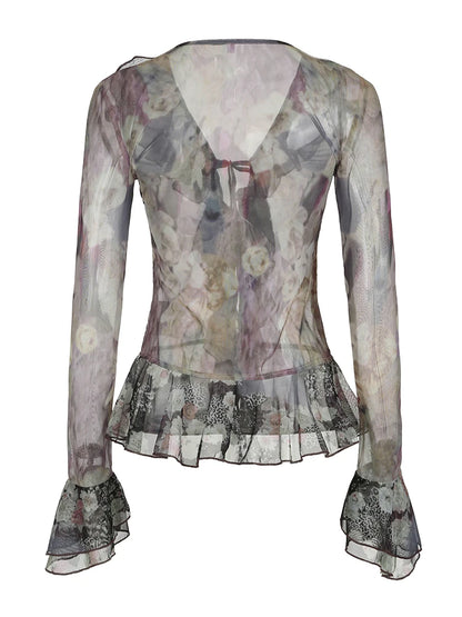 Vintage Floral Print Ruffles Mesh Shirts Women See Through Sexy Ruffle Sleeve Open Stitch Lace-Up Aesthetic Clothes