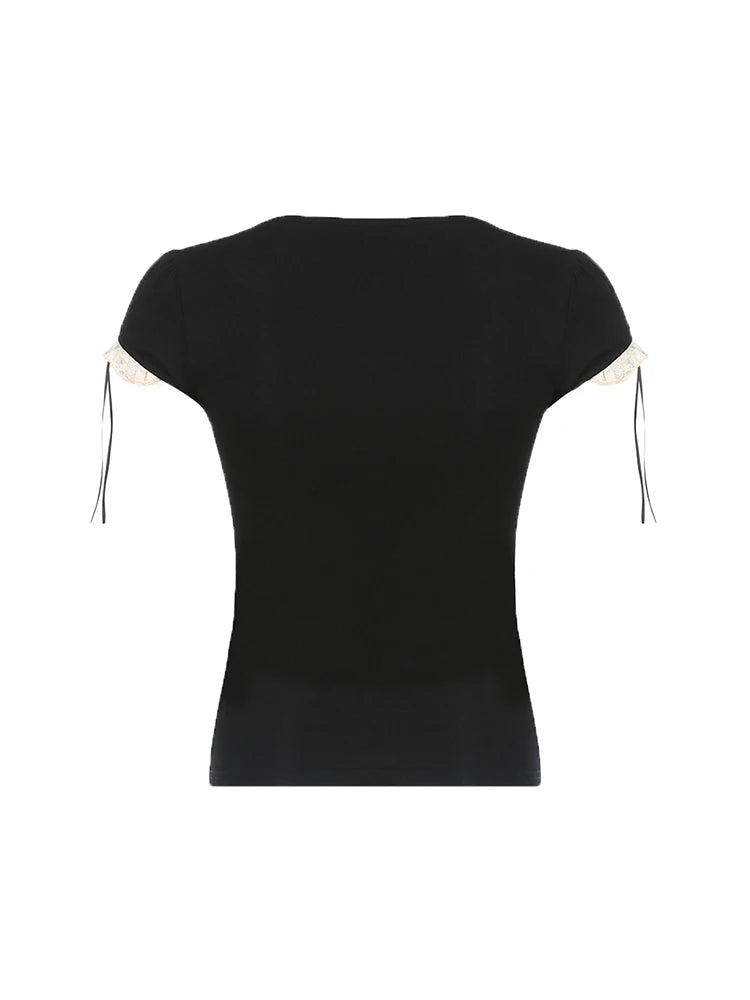 Sweet Y2K Contrast Lace Patchwork Square Collar Black T-Shirt Women Short Sleeve Basic Balletcore Cute Summer Tops