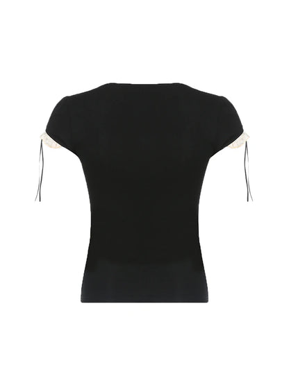 Sweet Y2K Contrast Lace Patchwork Square Collar Black T-Shirt Women Short Sleeve Basic Balletcore Cute Summer Tops