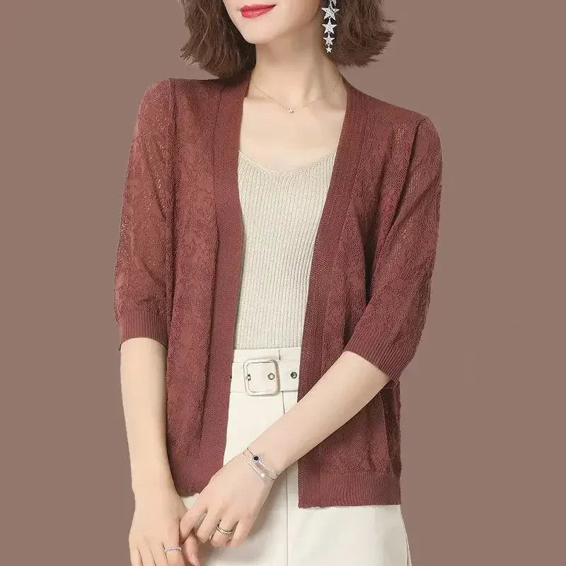 Sexy Hollow Lace Sunscreen Cardigan Sweater Women Wide Loose Air Conditioning Knitted Sweater Thin Section Female Spring Autumn