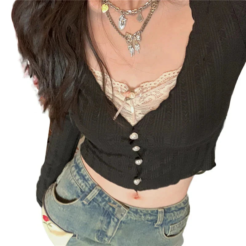 y2k Crop Top Sweet Aesthetic Clothes Lace Patchwork Long Sleeve T Shirt with Bow Decor 2000s Clothing Streetwear