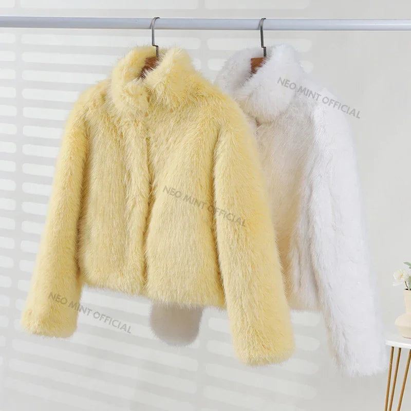 Winter Women Yellow Faux Fur Jacket Chic Girls Fashion Streetwear Thicken Warm Stand Collar Fox Fur Coat Outerwear