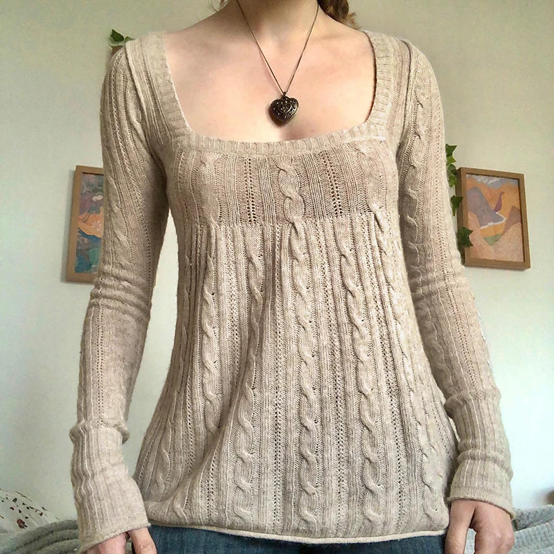 Vintage Babydoll Tops Pullovers Lady Aesthetic Coquette Knit Sweaters Outfit Square Neck Long Sleeve Knitwear Jumpers Y2k