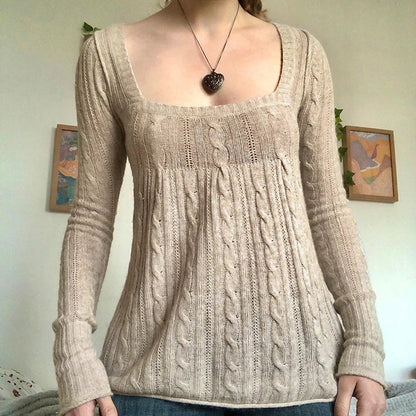 Vintage Babydoll Tops Pullovers Lady Aesthetic Coquette Knit Sweaters Outfit Square Neck Long Sleeve Knitwear Jumpers Y2k