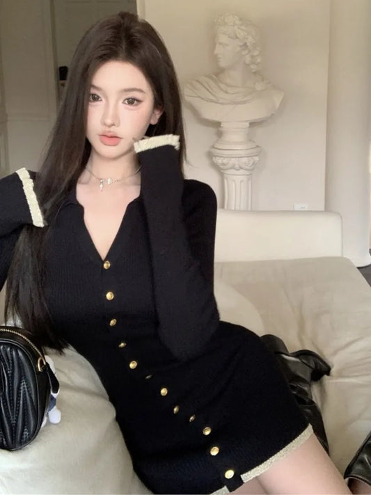 Elegant Knitted Mini Dresses for Women V-neck Flare Sleeve Bodycon Slim Party Dress Korean Fashion New Short Vestidos Mujer