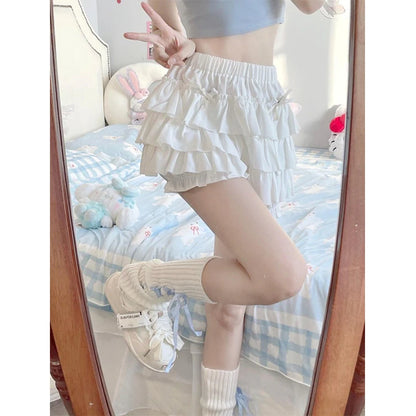 Y2K Sweet Ruffles Mini Skirt Women Kawaii Lolita Bow A Line Skirts Harajuku Japanese High Waist Pink White Ball Gown Skirt