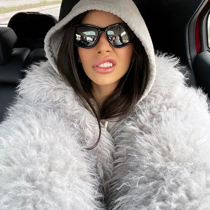 Fluffy Faux Mongolian Fur Coat for Women  Winter Warm Furry Tibetan Sheep Fur Jacket Chic Female Shaggy Overcoat