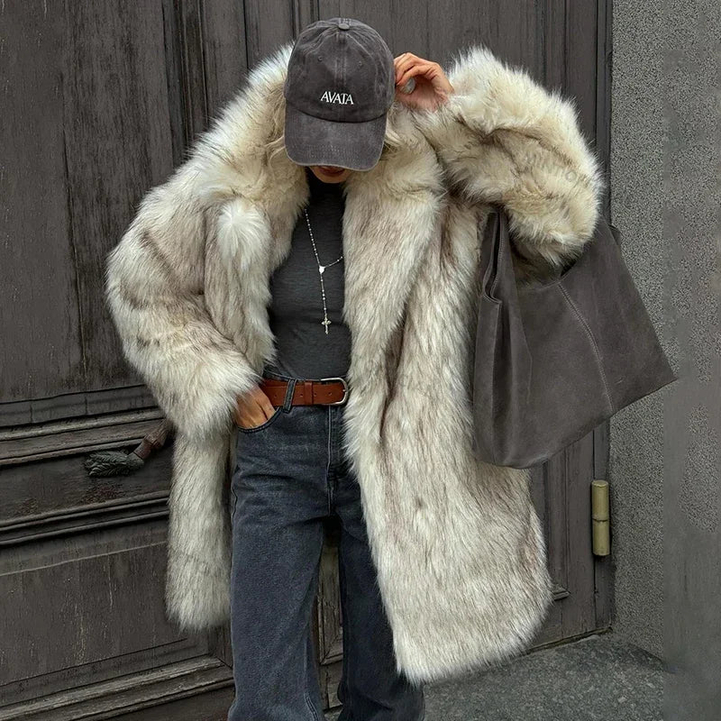 Luxury Brand Fluffy Faux Fur Jacket Women  Winter Long Thicken Warm Gradient Fox Fur Coat Streetwear Furry Overcoat