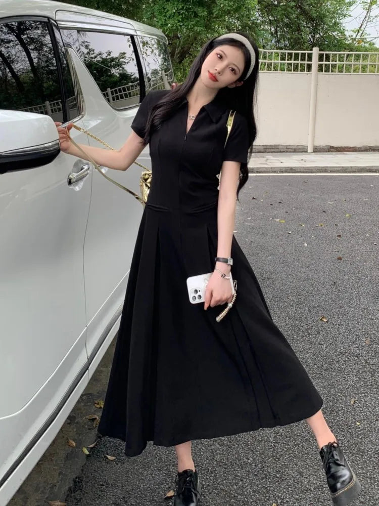 Summer New Casual Slim Solid Dresses for Women Sporty Turn-down Collor A-line Korean Chic Streetwear Simple Vestidos Mujer