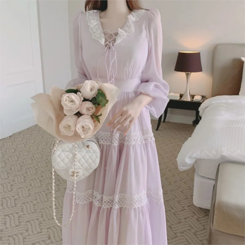 French Vintage Fairy Midi Dresses for Women Lantern Sleeve High Waist V-neck A-line Princess Party Dress Casual Female Vestidos