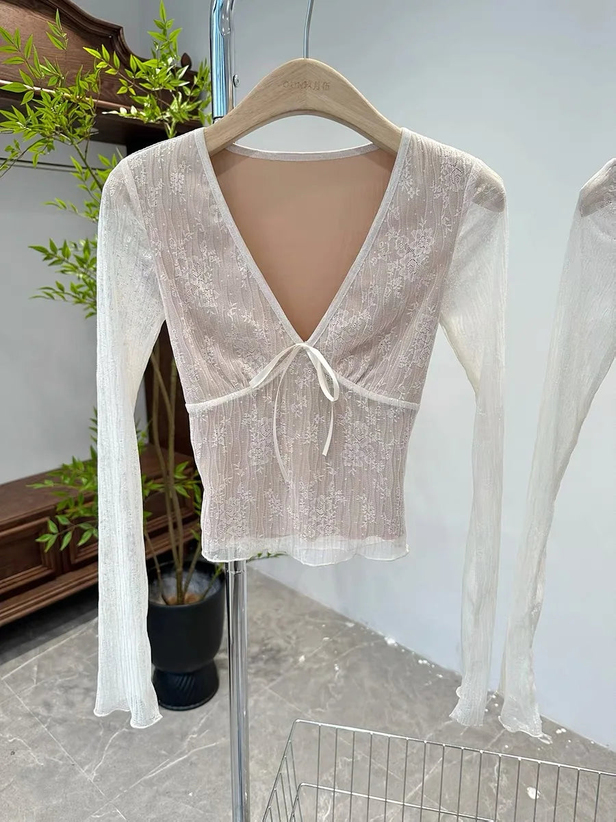 Coquette Aesthetic Mesh T Shirts Vintage V Neck Lace Bow Cropped Tops Y2k Slim Fit Long Sleeve Tee Shirts