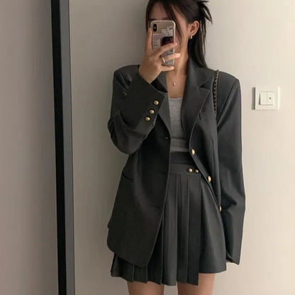 Korean Chic Two-piece Skirt Set Women Single Breasted Blazer Loose Jacket Solid Pleated Mini Skirt Autumn Office Lady Outfits