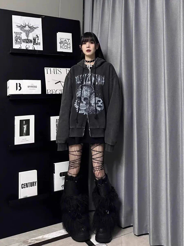 Distressed Skull Print Coat