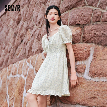 Ruffled Hem Chiffon Mini Skirt Women Floral Print Short Dress  New Square Neck Waist-drawing Romantic Dress