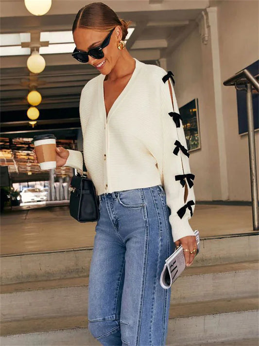 Tee Bow Knit Cardigan Sweater Women V-Neck Ribbed Hollow Out Casual Contrast Lace-Up Knitwear Coat Female Elegant Outwear