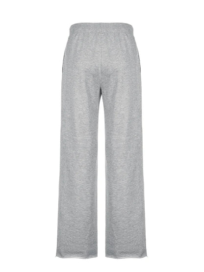 Pockets Drawstring High Waist Casual Loose Sweatpants For Women Gray Solid Basic Simple Straight Leg Pants Jogging Trousers