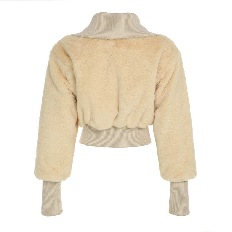 Solid Fluffy Turn-Down Collar Jacket Women s Autumn Winter New Slim Button Cropped Coat Retro Fashion