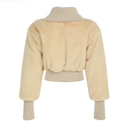 Solid Fluffy Turn-Down Collar Jacket Women s Autumn Winter New Slim Button Cropped Coat Retro Fashion