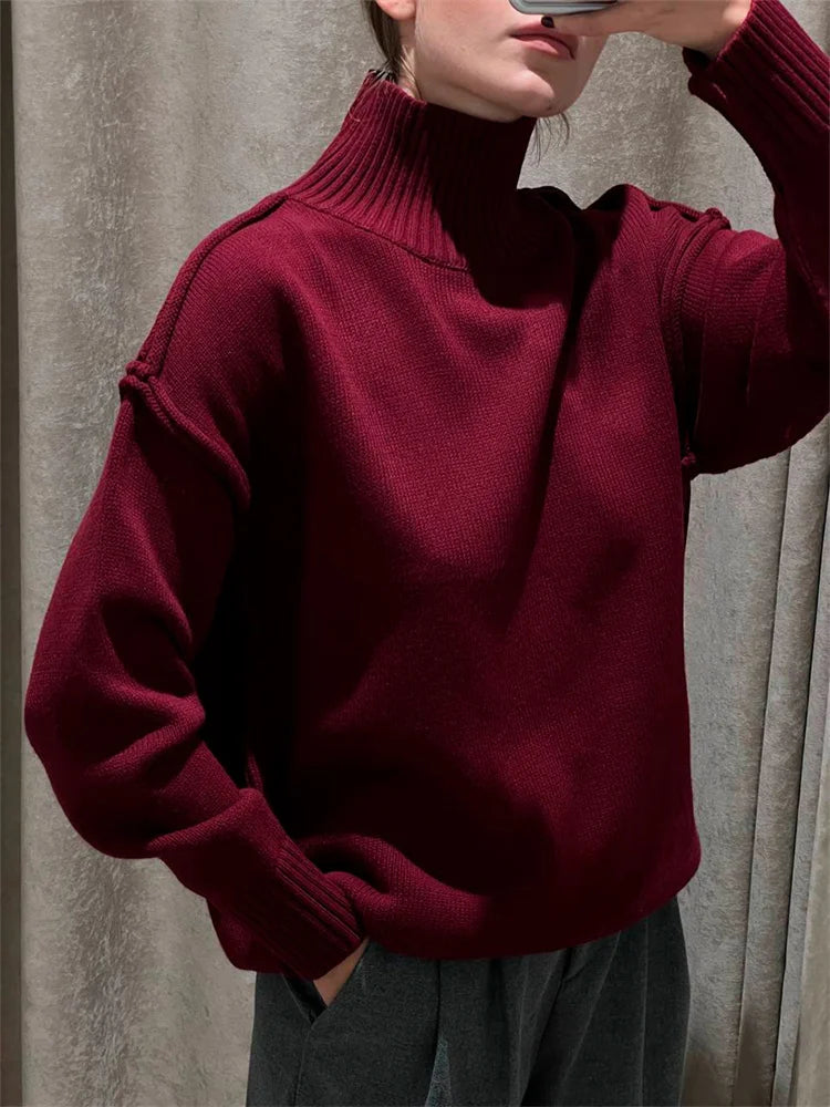 Winter Knit Turtleneck Pullover Female Clothes Loose Casual Ribbed Patchwork Long Sleeve Oversized Sweater Women Knitwear