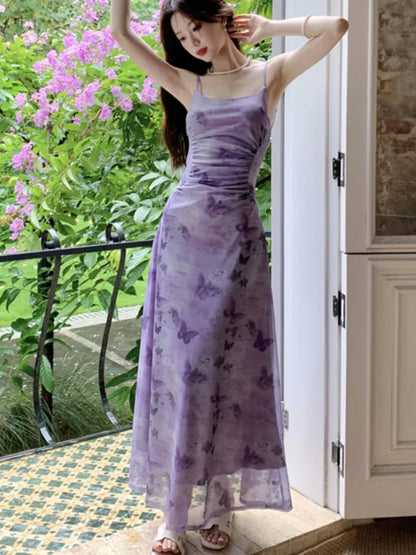 Sexy Printed Long Dresses for Women Mesh Spaghetti Strap Slim A-line Party Dress Summer Korean Fashion One Piece Vestido Mujer