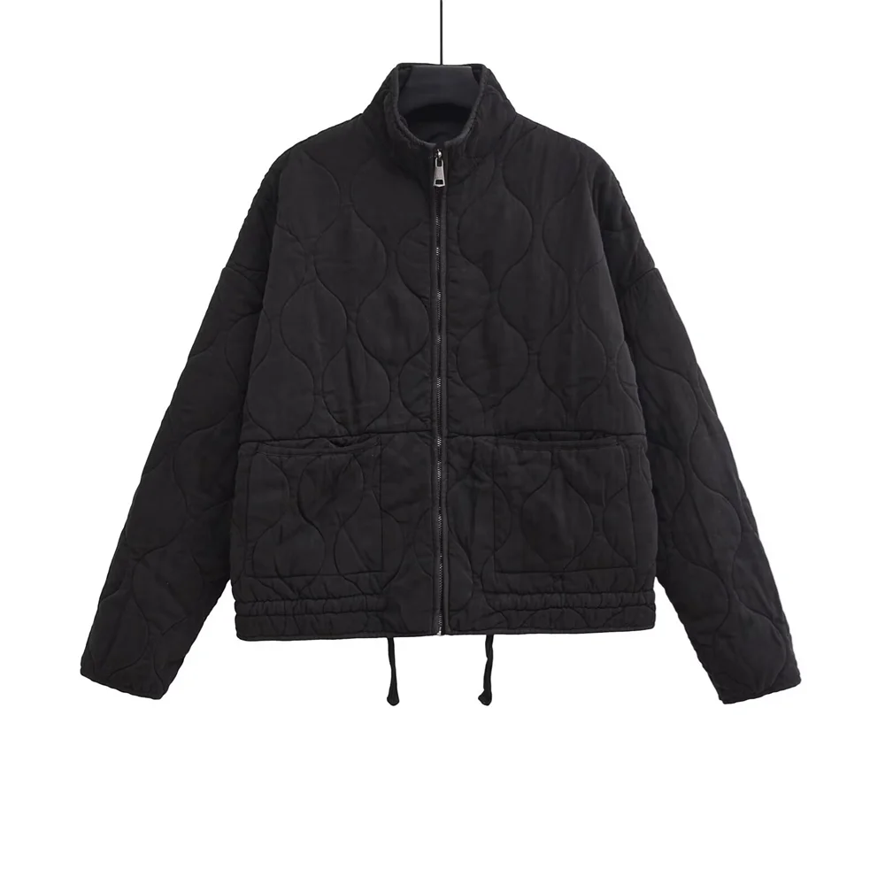Winter New Women’s Clothing Style Commuting Leisure Warm Stand Collar Loose Pocket Diamond Grid Cotton Coat