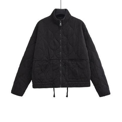 Winter New Women’s Clothing Style Commuting Leisure Warm Stand Collar Loose Pocket Diamond Grid Cotton Coat