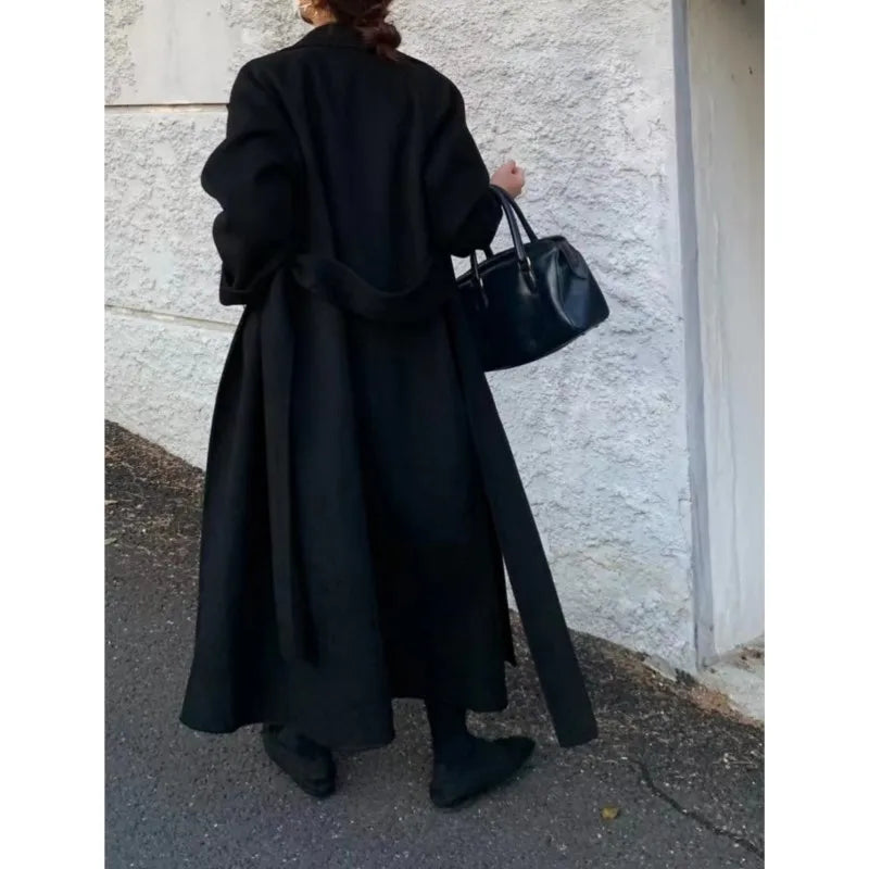 Women Elegant Long Woolen Coat with Belt Autumn Winter New Fashion Solid Lapel Long Sleeve Chic Outerwear Ladies Casual Overcoat