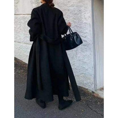 Women Elegant Long Woolen Coat with Belt Autumn Winter New Fashion Solid Lapel Long Sleeve Chic Outerwear Ladies Casual Overcoat