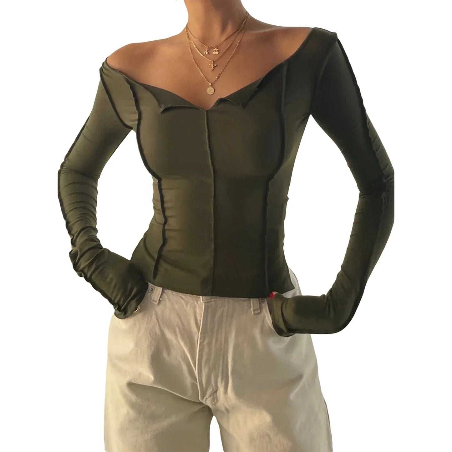 T-shirt Long Sleeve Boat Neck Spliced Slim Fit Shirts Solid Color Korean Kawaii Y2K Crop Tops Streetwear