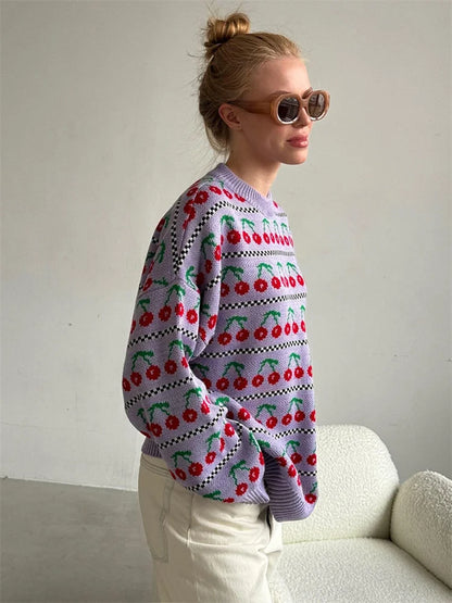Printed Knit Sweater Pullover For Women Loose Patchwork Contrast Long Sleeve Vintage Fashion Top Knitwear Women’s Pullover