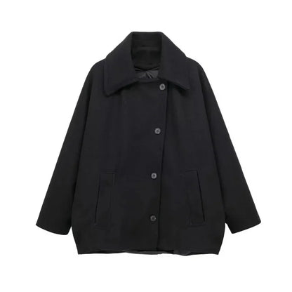 Diagonal Breasted Warm Loose Jacket Women Lapel Double Pocket Batwing Sleeve Solid Coats Winter Female Chic Vintage Outwear