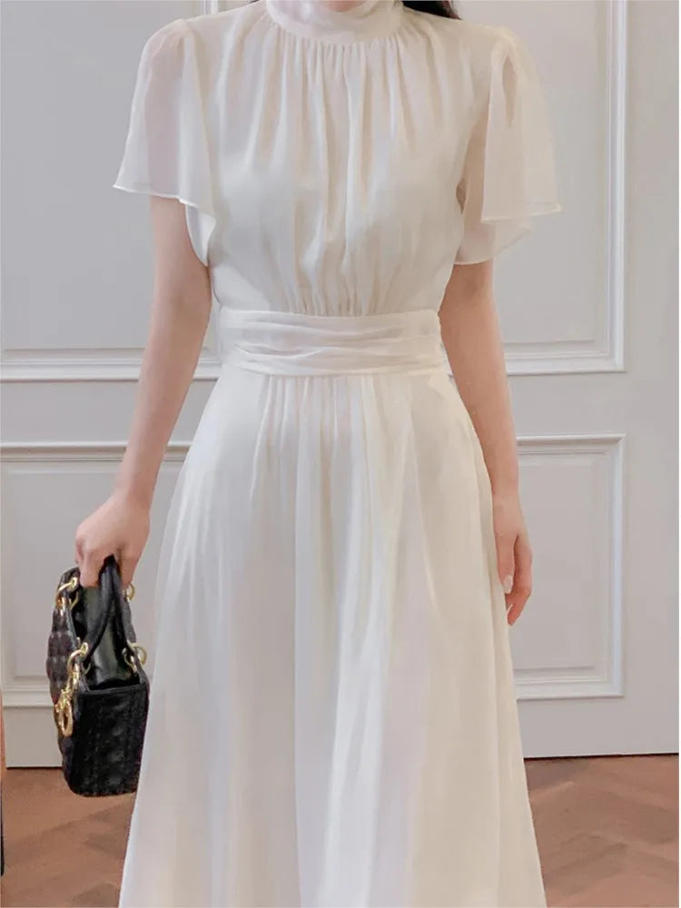 Elegant Solid Midi Dresses for Women Ruffles Half-high Collar A-line Office Lady Casual Korean Fashion Autumn Vestidos Mujer New