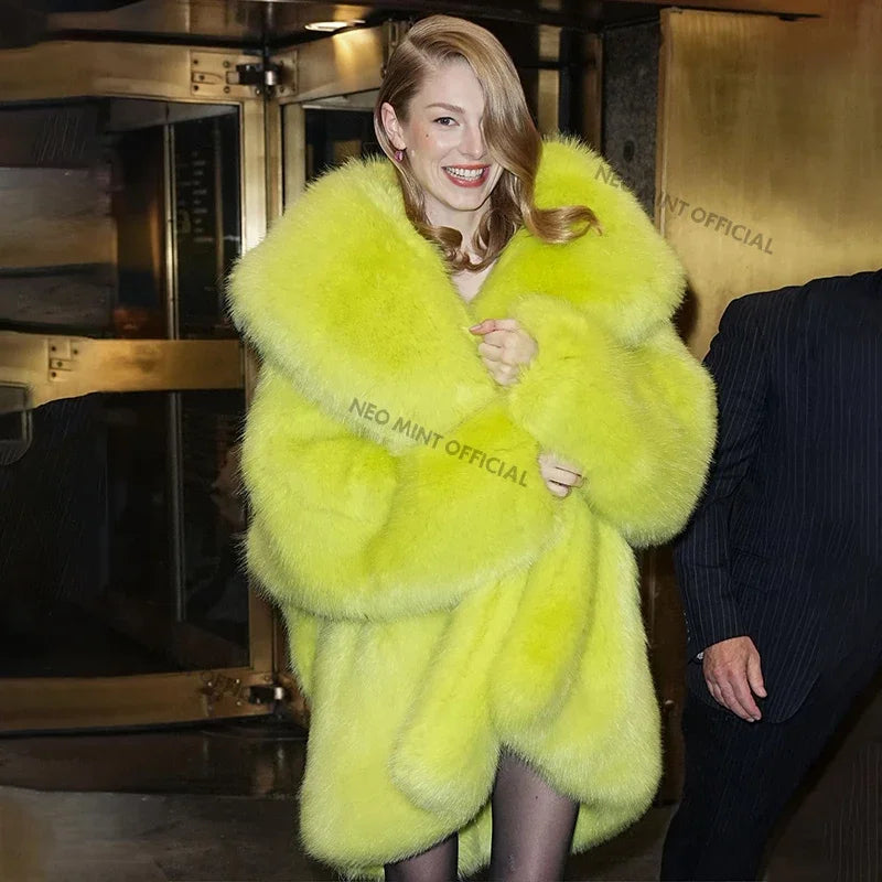 Women Luxury Brand Runway Fashion Long Hooded Faux Fur Coat Jacket Ins Nicki Minaj Neon Green Chunky Overcoat Outerwear