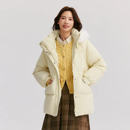 Down Jacket Women Mid-Length Fur Collar Hooded Warm  Winter New Temperament Loose Waterproof Windproof Down Jacket