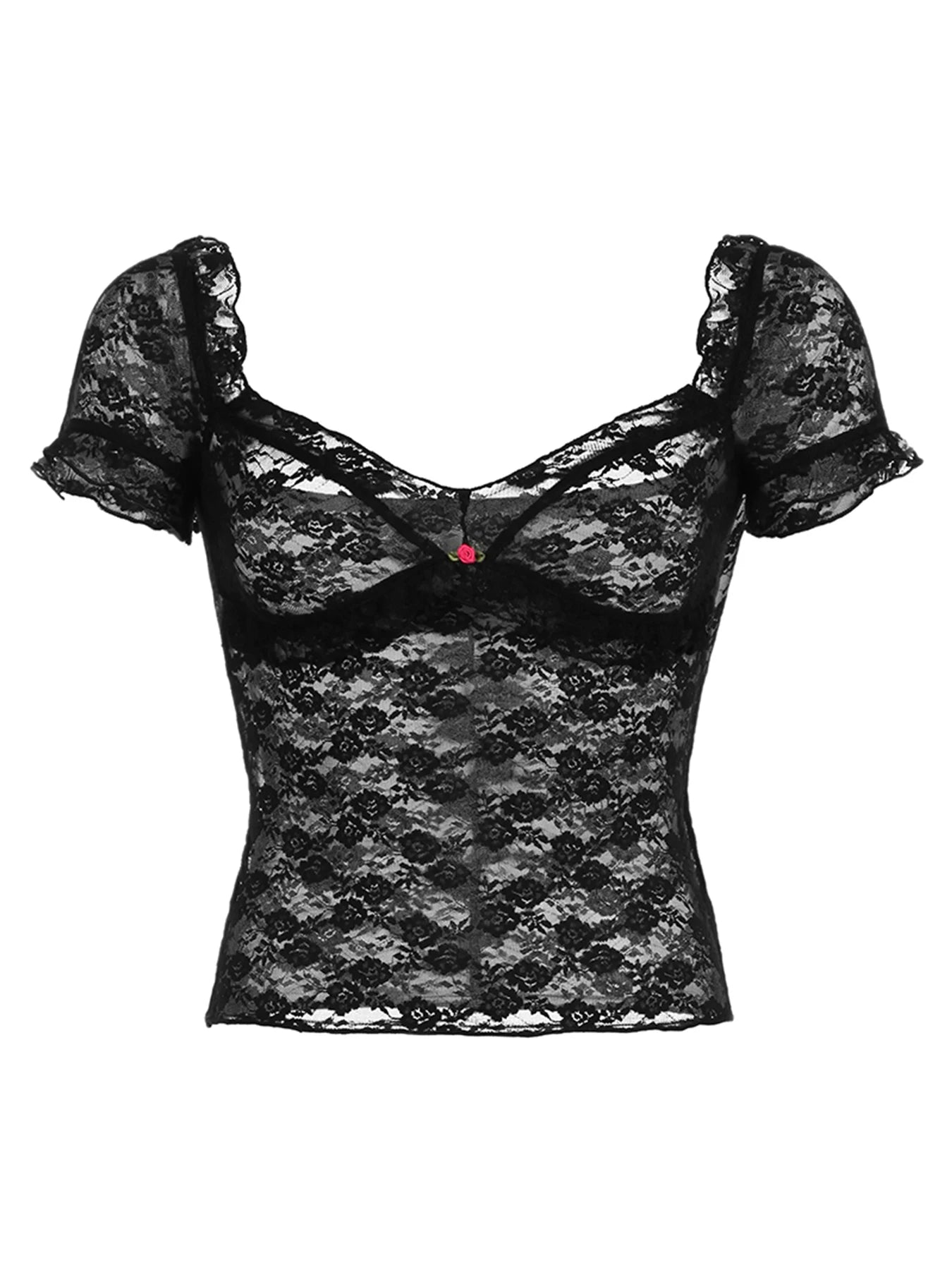 See Through Slim Sexy Black Square Collar Lace T Shirts Women Pink Solid Flower Short Sleeve Sweet Balletcore Y2K Tops