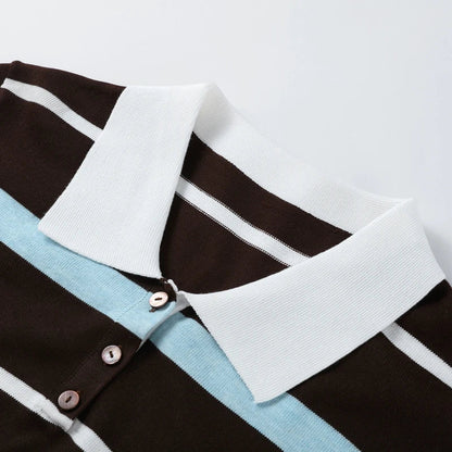Fashion Stripe Women's T-shirt Casual Short Sleeve Female All Match Polo Shirts Summer New Ladies Loose Tops High Street