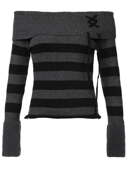 Off Shoulder Slim Knitted Stripe Jumper Women Lace-Up Slash Neck Long Sleeve Sweater Tee Korean Fashion Street Knittwear