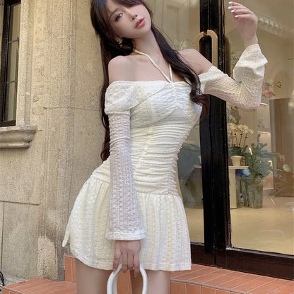 Autumn Elegant Y2K Short Dresses for Women Slash Neck Flare Sleeve Lace-up Halter A-line Slim Waist Korean Fashion Mini Vestidos