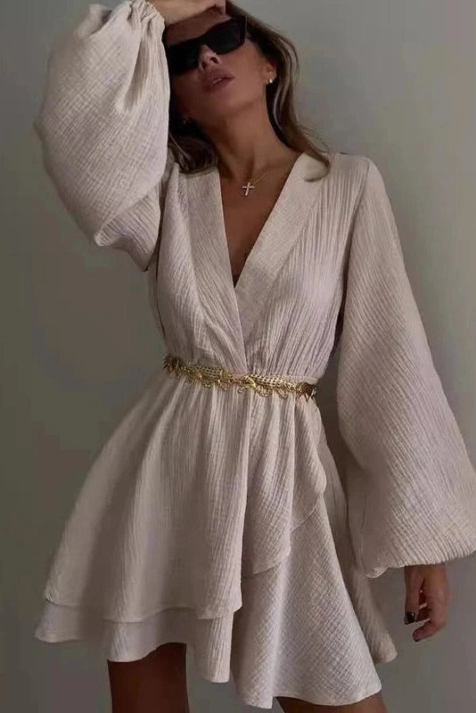 V-Neck High Waist Long Sleeve Irregular Mini Dress