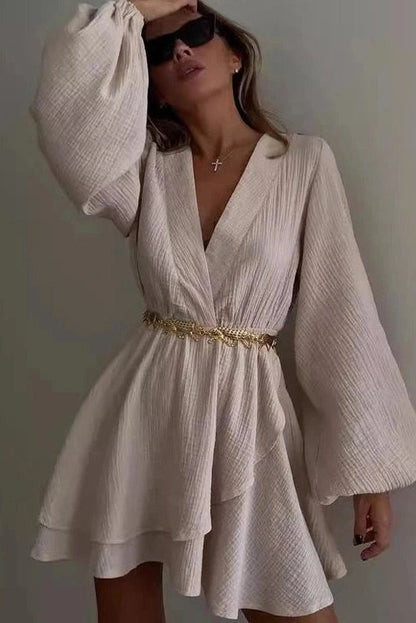 V-Neck High Waist Long Sleeve Irregular Mini Dress