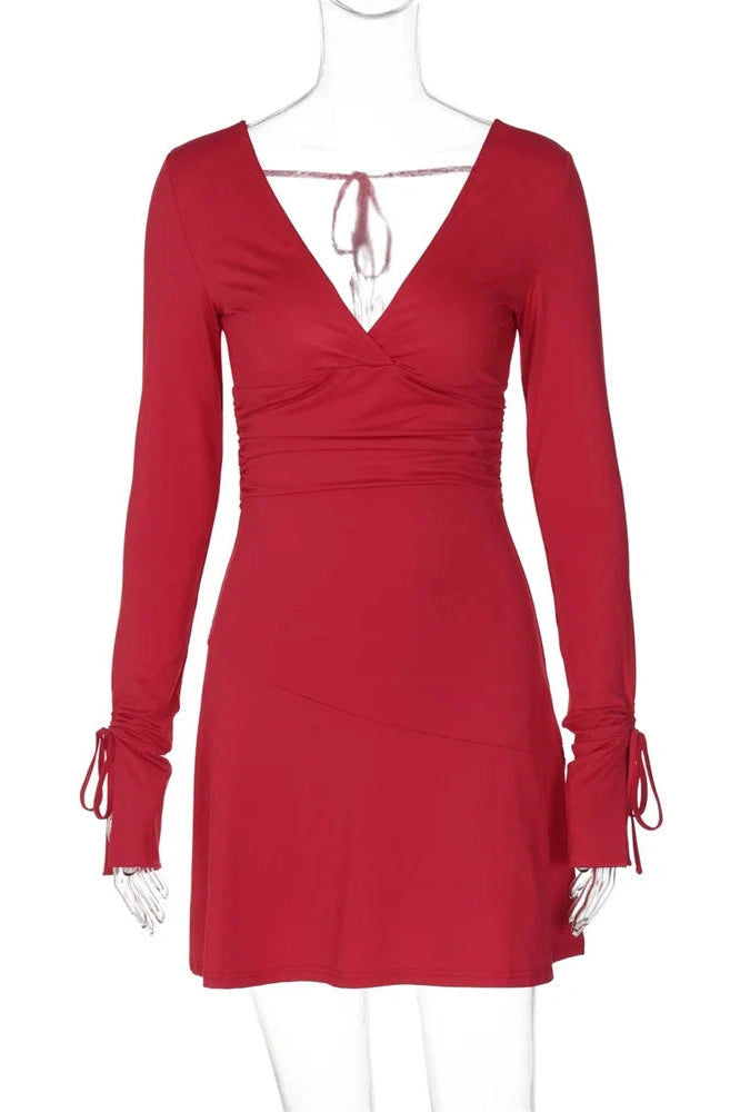 V-Neck High Waist Long Sleeve Mini Dress with Lace-Up Detail