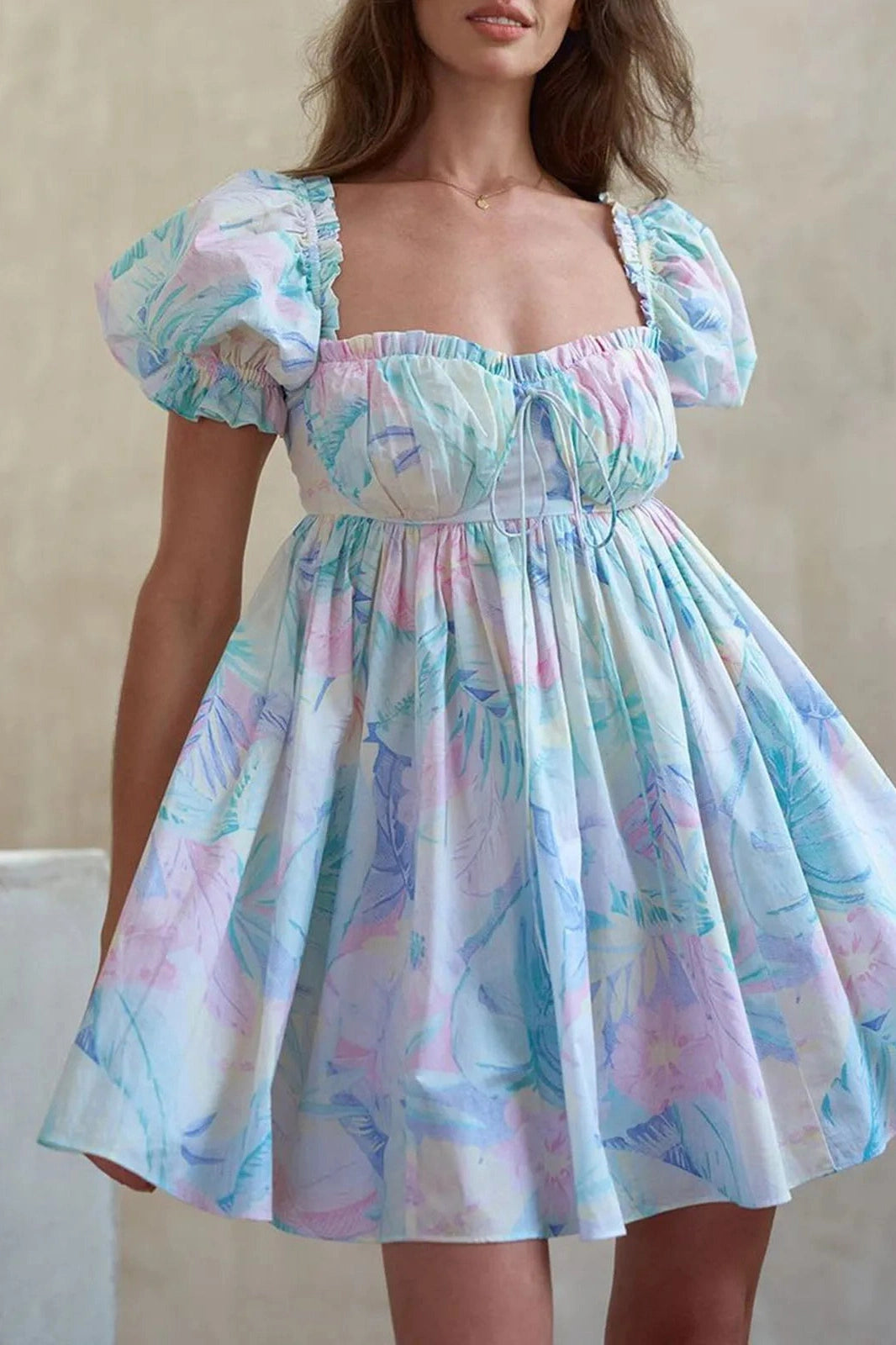 Square Collar Puff Sleeve Mini Dress
